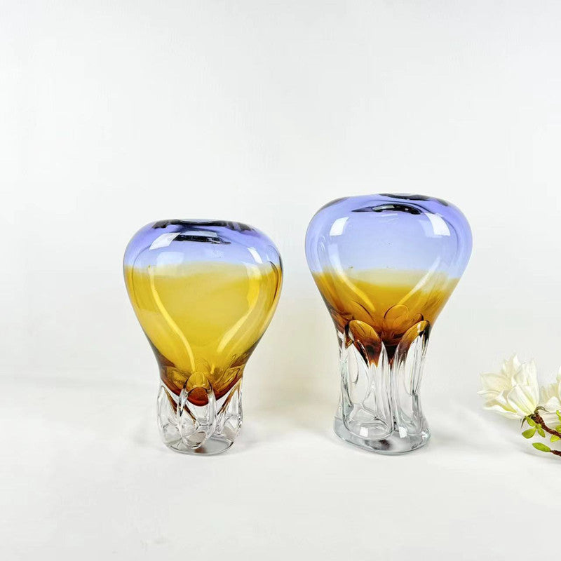 Blue and amber gradient glass vase with sculpted base