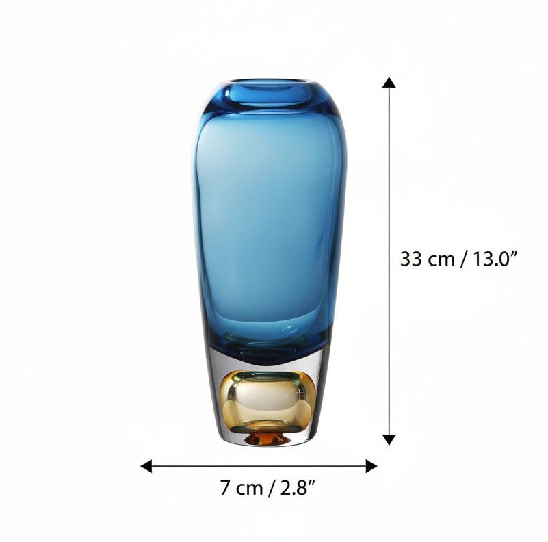 Blue and amber glass vase with dimensions overlay