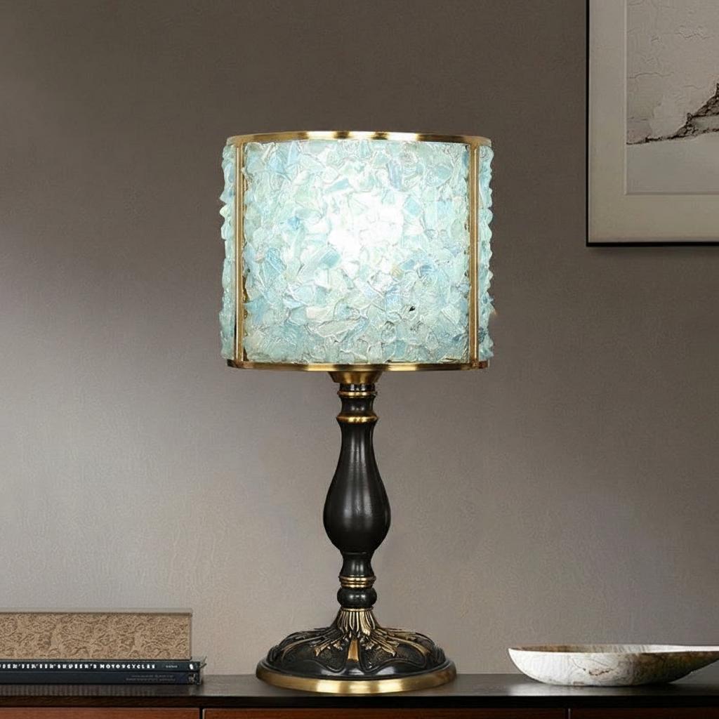 Front view of blue amethyst table lamp unlit