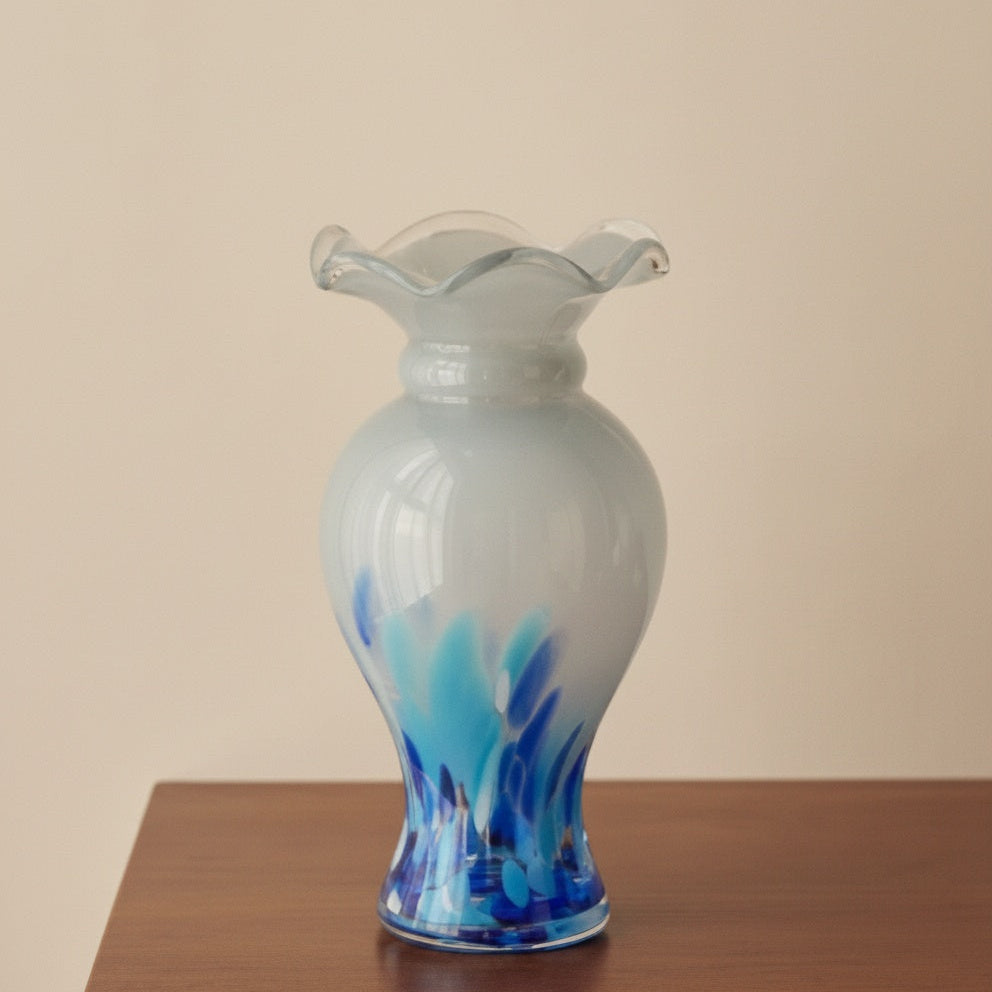 Blue And White Art Glass Ruffled Vase