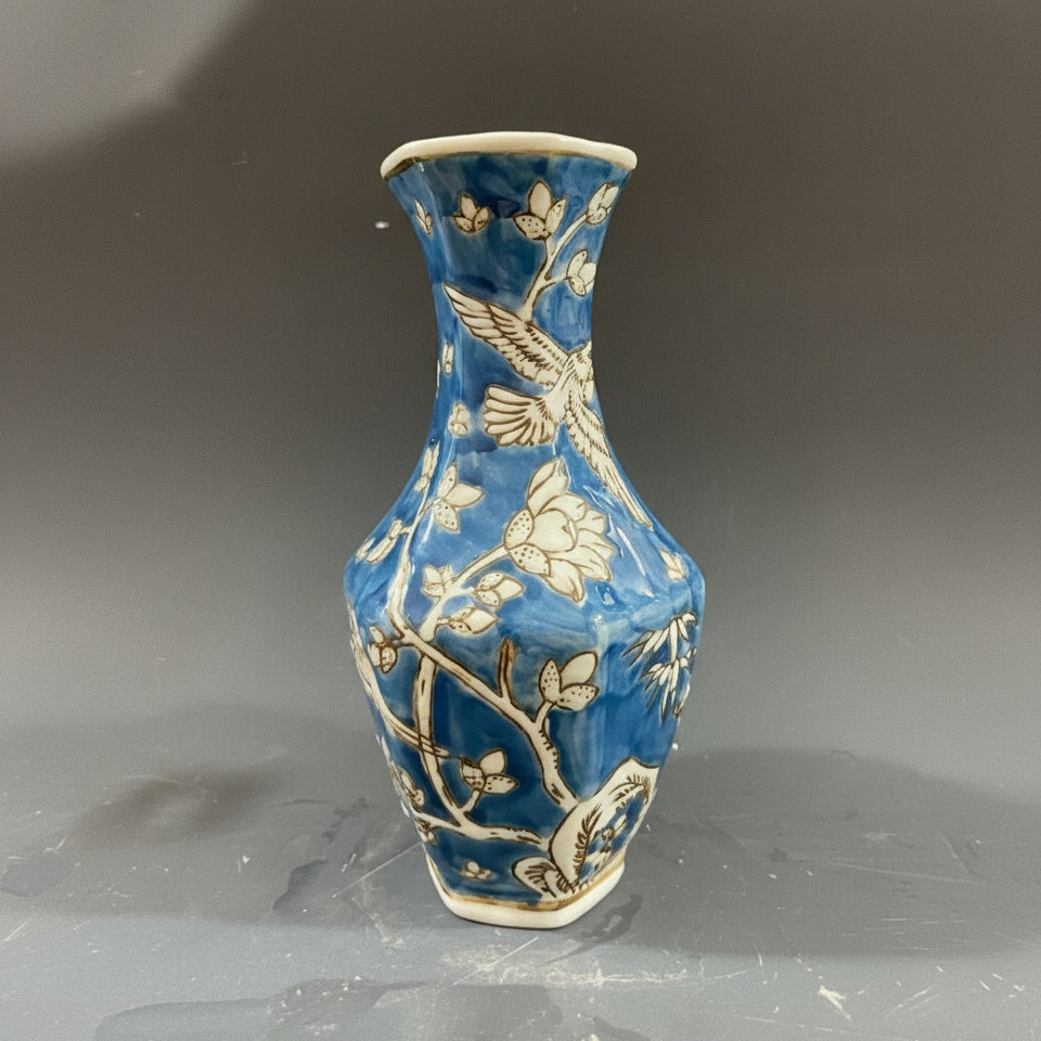 Blue And White Ceramic Faceted Vase