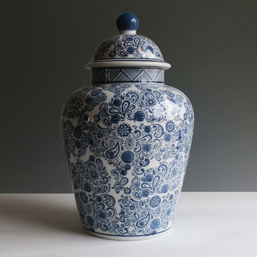 Blue And White Ceramic Floral Lidded Jar