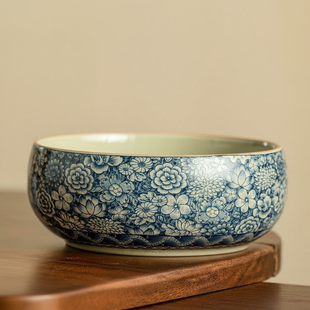 Blue and white floral ceramic serving bowl with smooth glazed interior