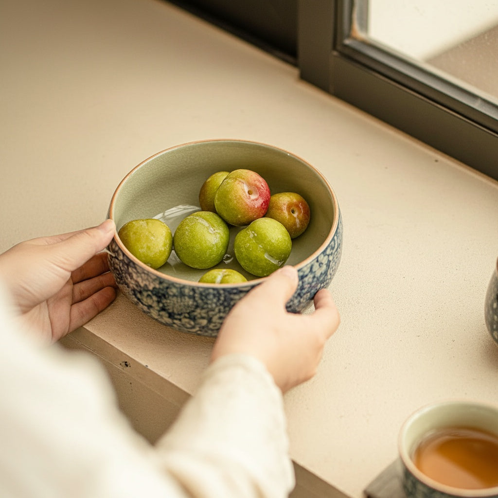 Blue floral ceramic serving bowl used as a fruit bowl with fresh green plums