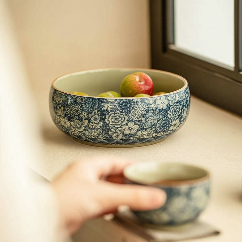 Blue and white ceramic serving bowl with matching tea cup on tea table