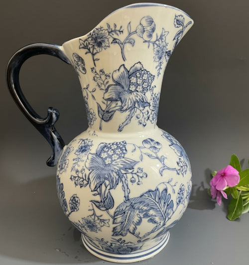 Blue And White Floral Porcelain Pitcher