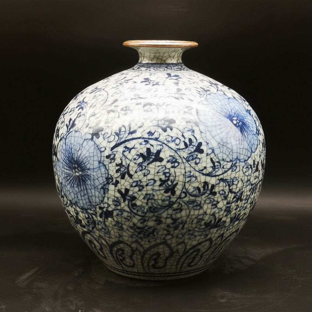 Blue And White Floral Porcelain Round Vase