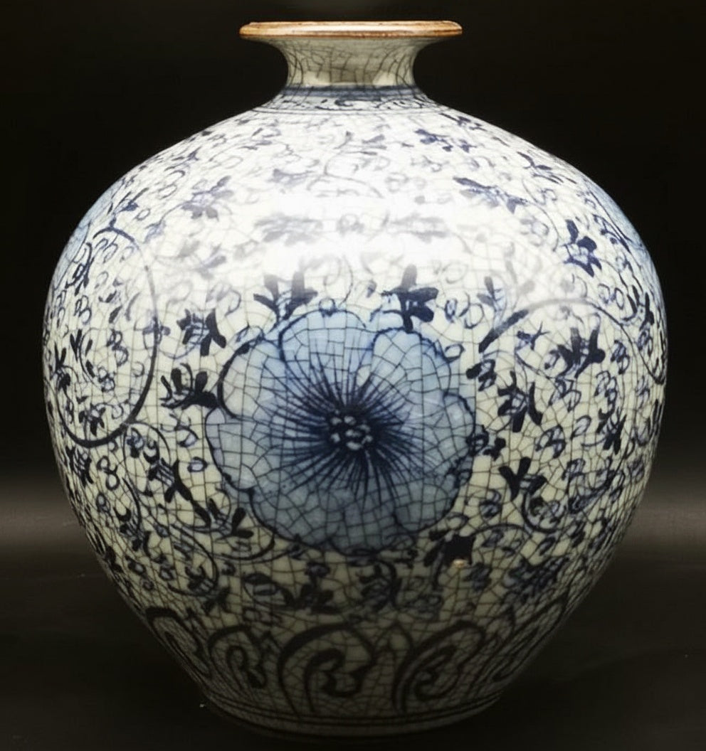 Blue And White Floral Porcelain Round Vase