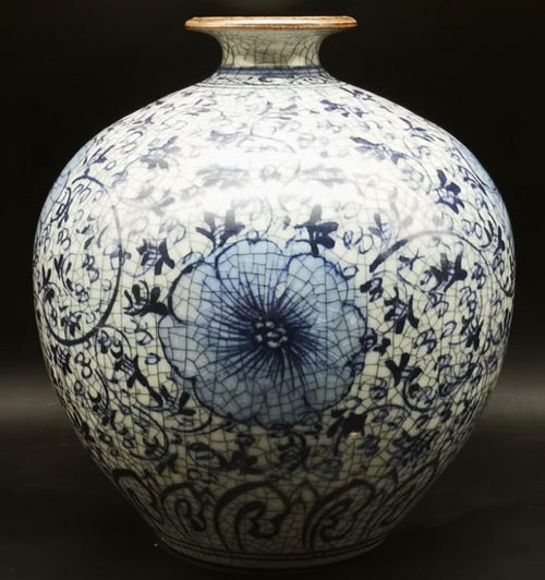 Blue And White Floral Porcelain Round Vase