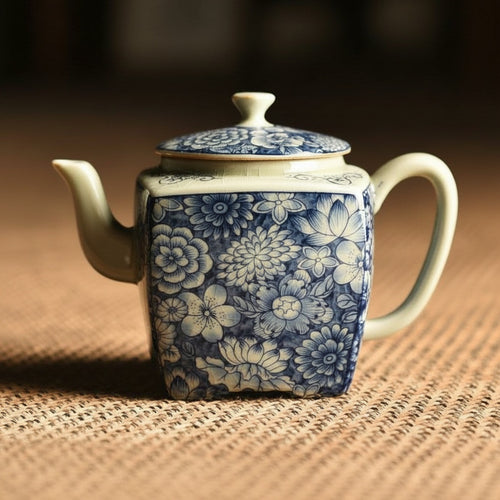 Blue and white floral porcelain square teapot