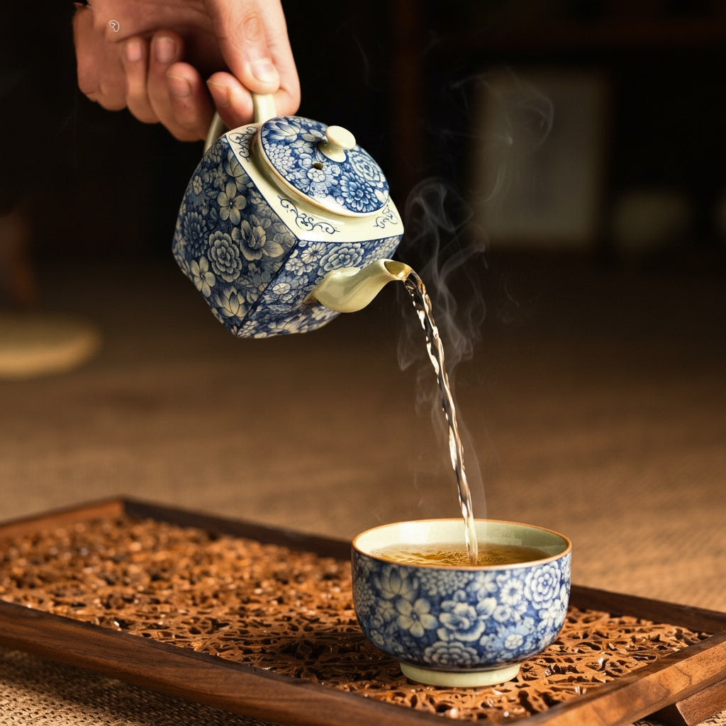 Pouring tea from blue and white floral teapot