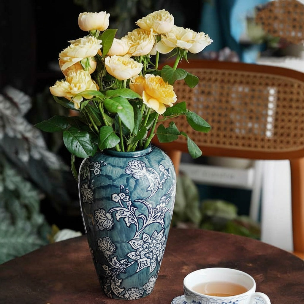 Blue And White Glazed Ceramic Floral Vase