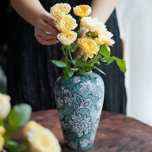 Blue And White Glazed Ceramic Floral Vase