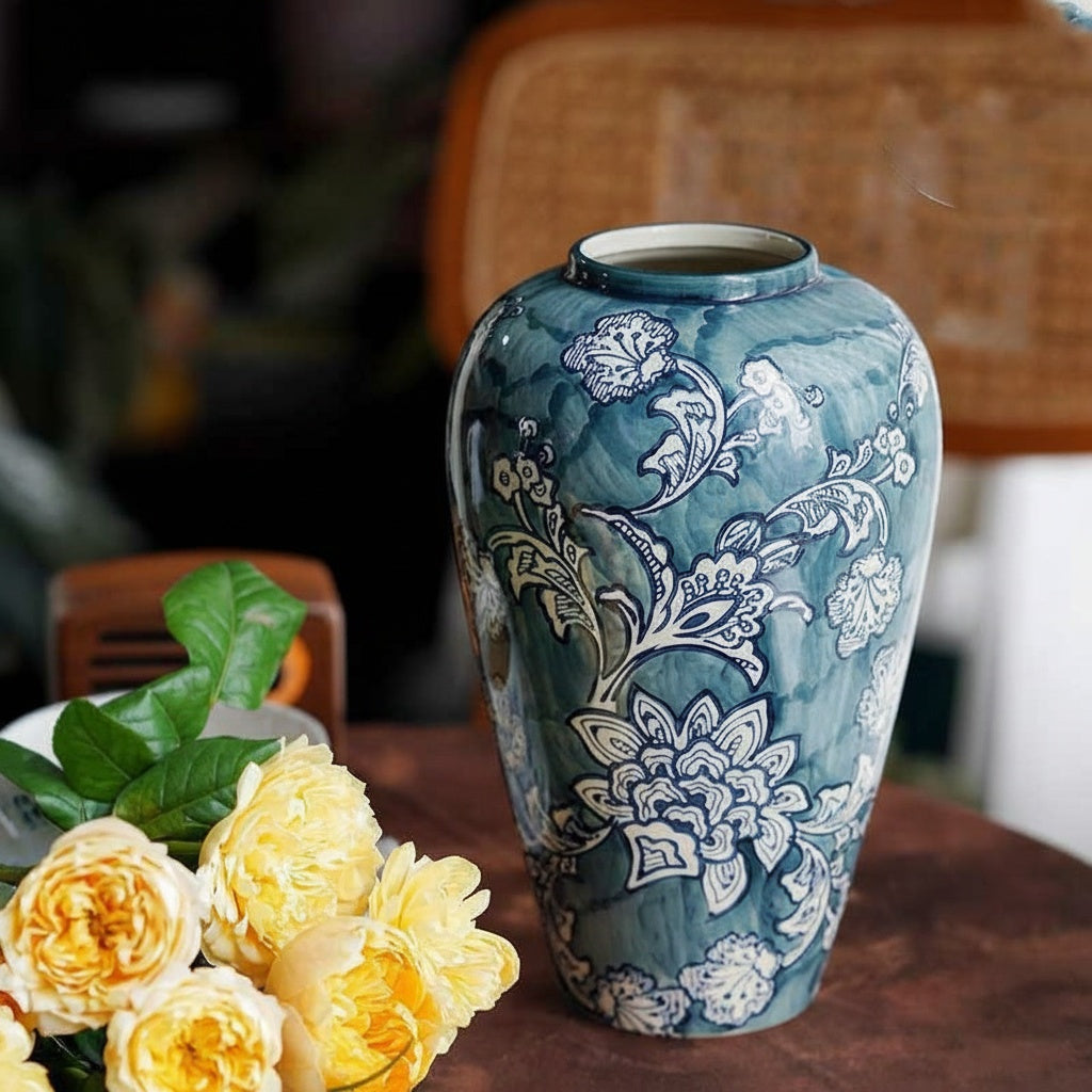Blue And White Glazed Ceramic Floral Vase