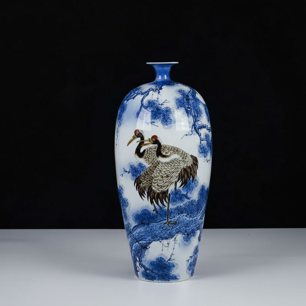 Blue And White Porcelain Crane Decorative Vase