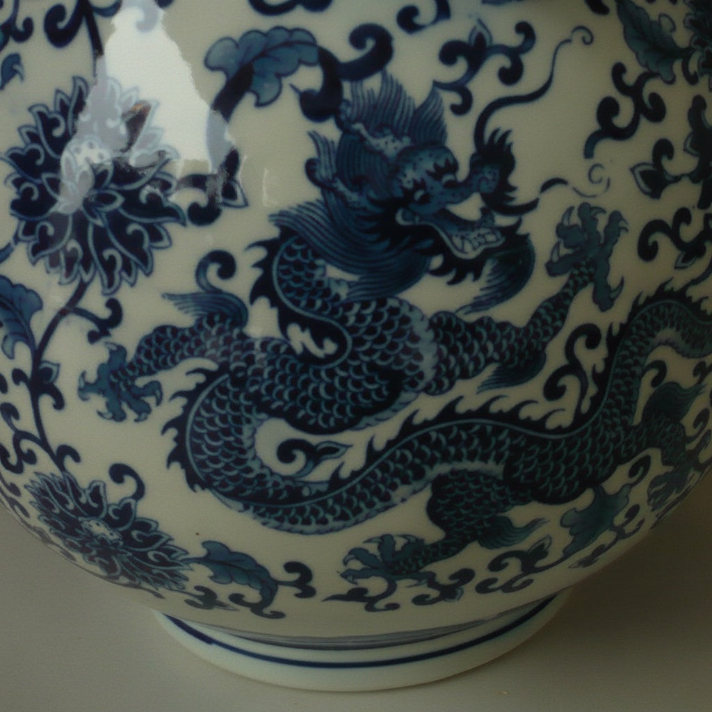 Blue And White Porcelain Dragon Vase Pattern Close Up