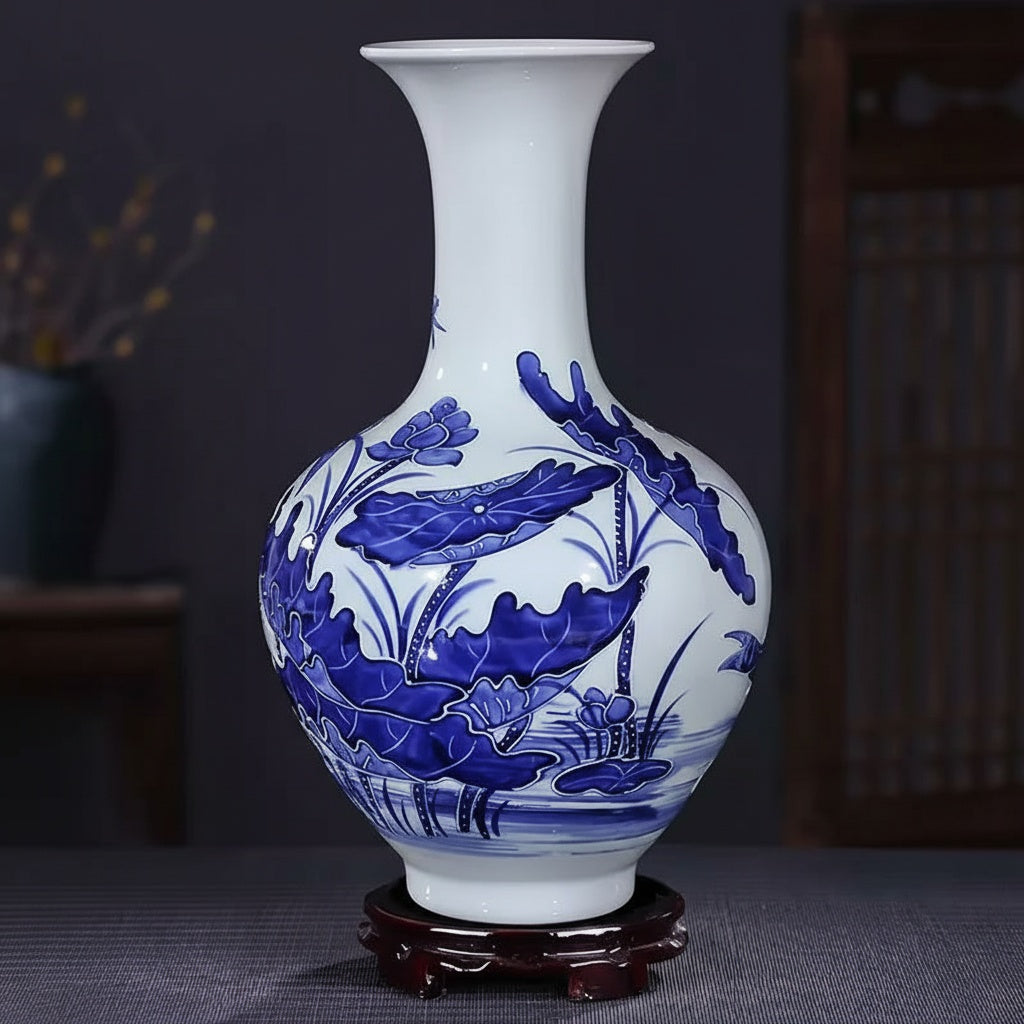 Blue And White Porcelain Flared Vase Lotus Motif
