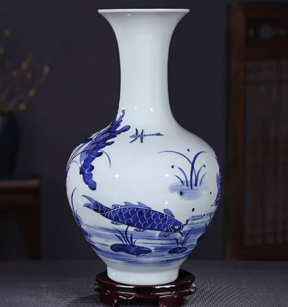 Blue And White Porcelain Flared Vase Koi Fish Motif