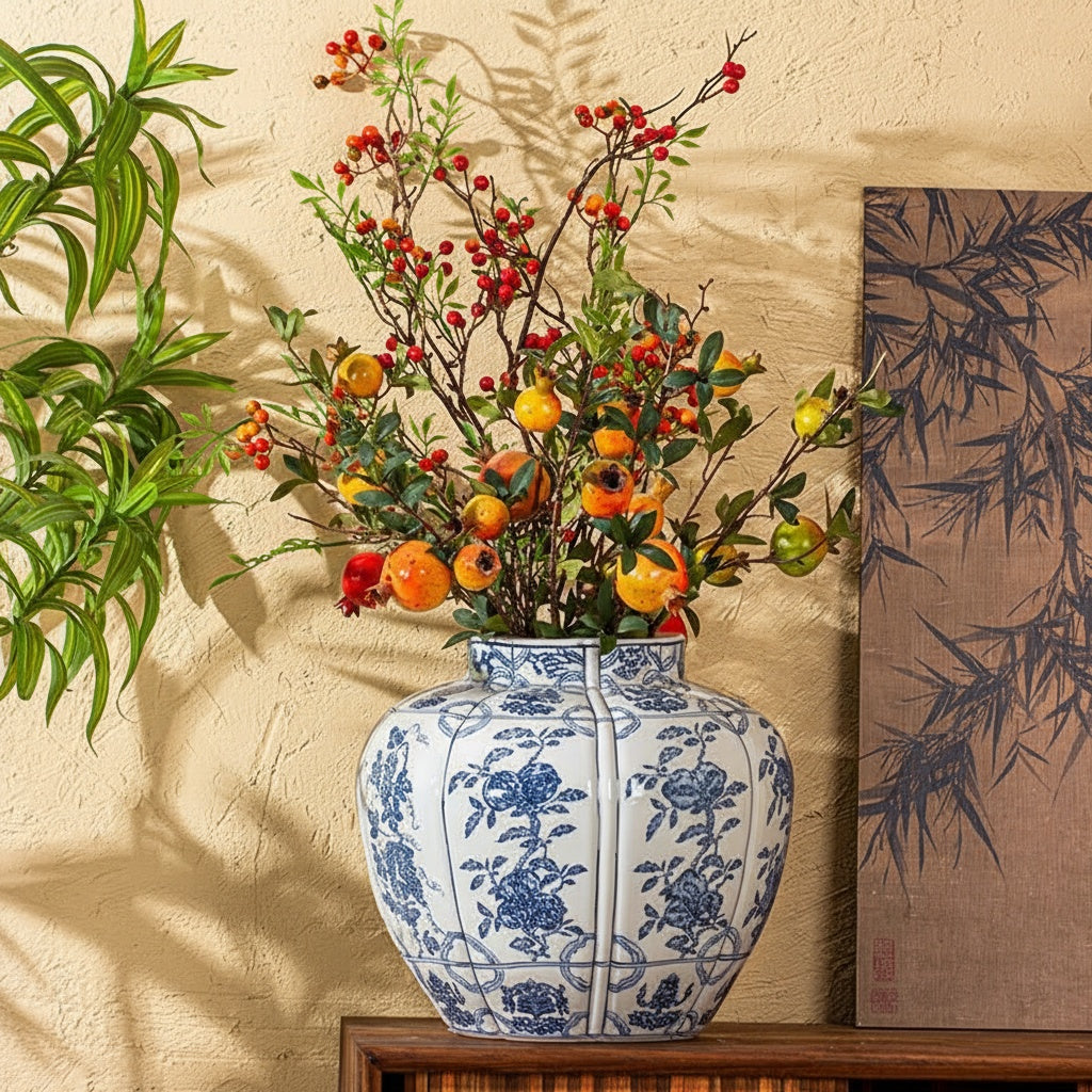 Blue And White Porcelain Fluted Vase with Floral Arrangement