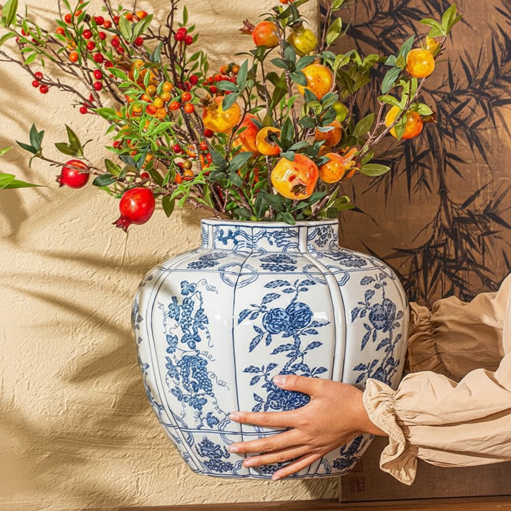 Hands Holding Blue And White Porcelain Fluted Vase