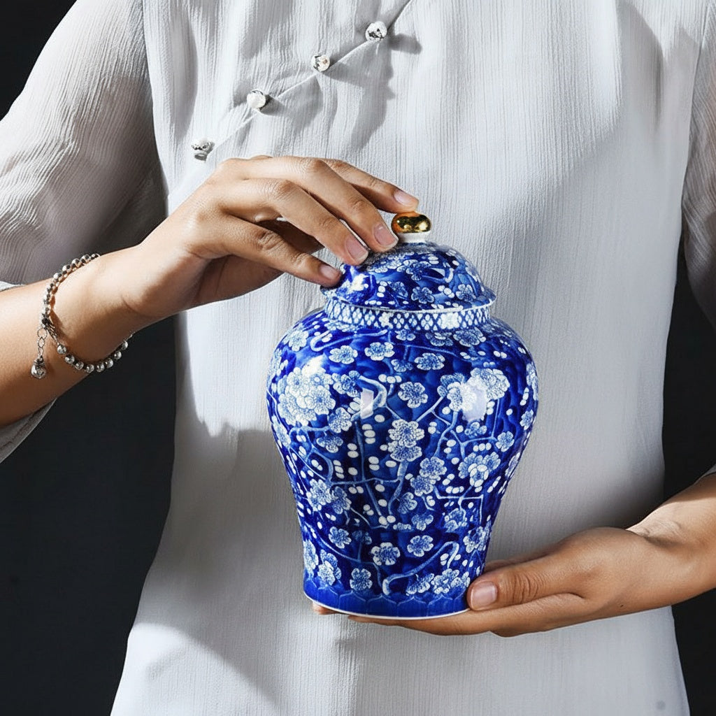 Person holding a blue and white porcelain ginger jar with gold finial