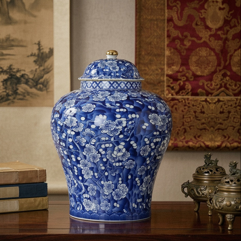 Blue and white porcelain ginger jar displayed on a wooden desk with books