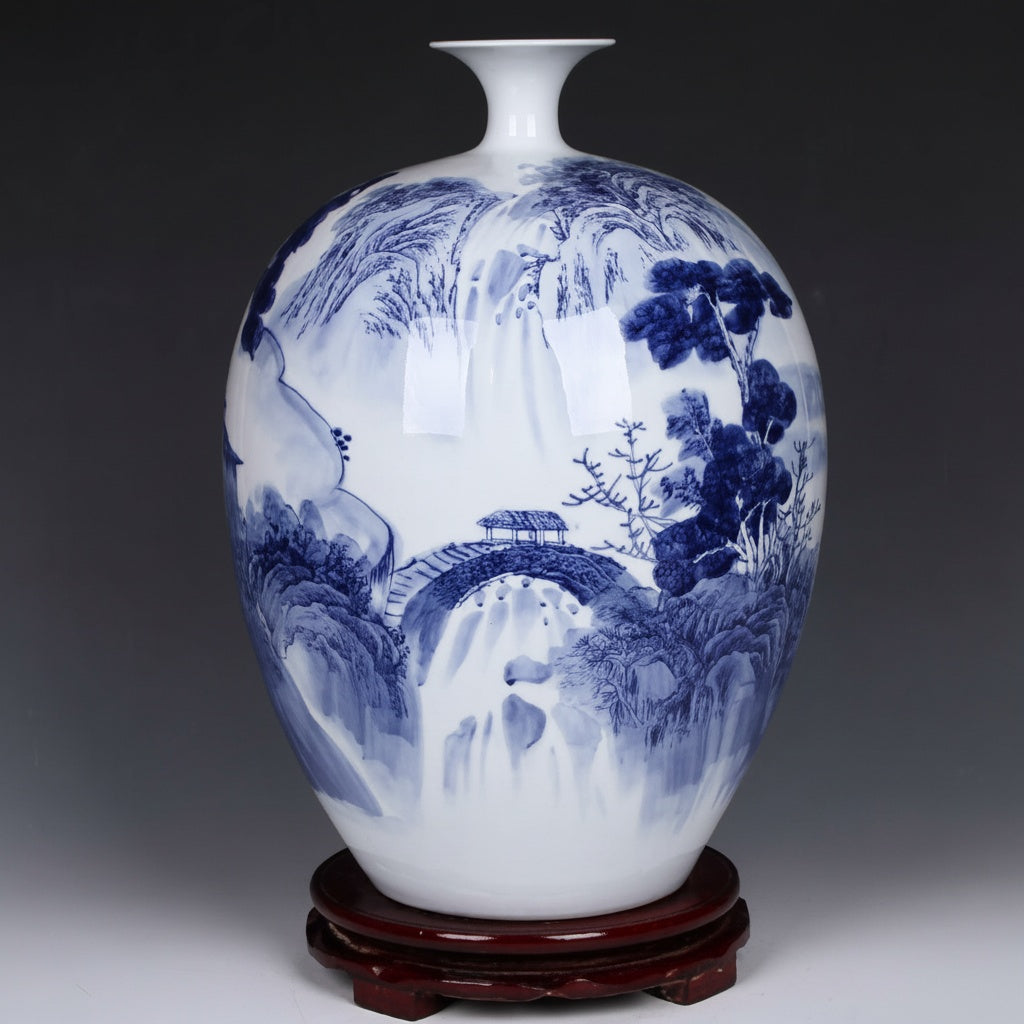 Blue And White Porcelain Landscape Vase