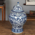 blue and white porcelain lidded jar floral pattern on wooden table classic decorative ginger jar