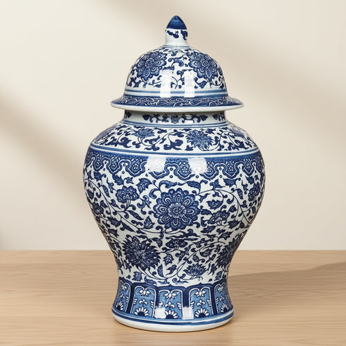 blue white porcelain ginger jar with lid elegant decorative ceramic jar front view