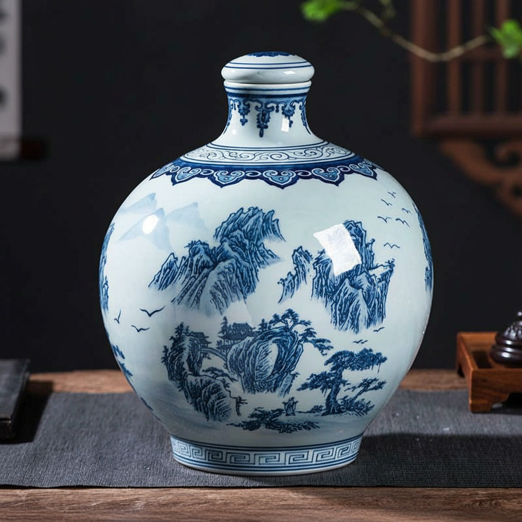 Blue And White Porcelain Round Decorative Jar