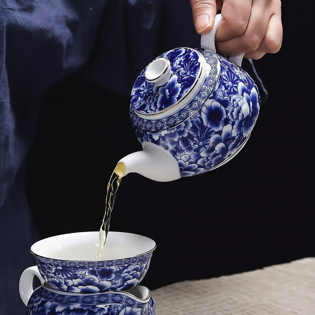 Blue And White Porcelain Round Teapot Pouring Tea