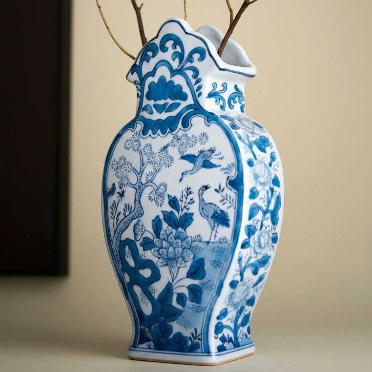 Blue And White Porcelain Scalloped Vase Close Up