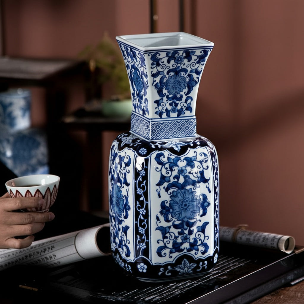 Blue And White Porcelain Square Flared Vase