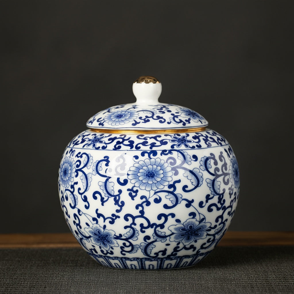 Blue And White Porcelain Round Tea Caddy