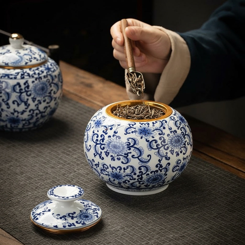 Blue And White Porcelain Round Tea Caddy Open