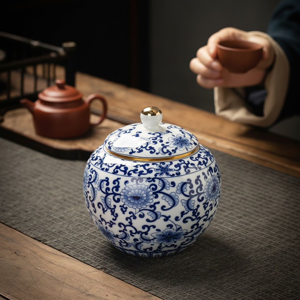 Blue And White Porcelain Round Tea Caddy Lifestyle