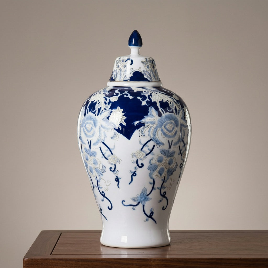 Blue And White Porcelain Temple Jar
