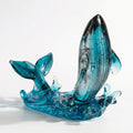 Blue art glass whale sculpture side view