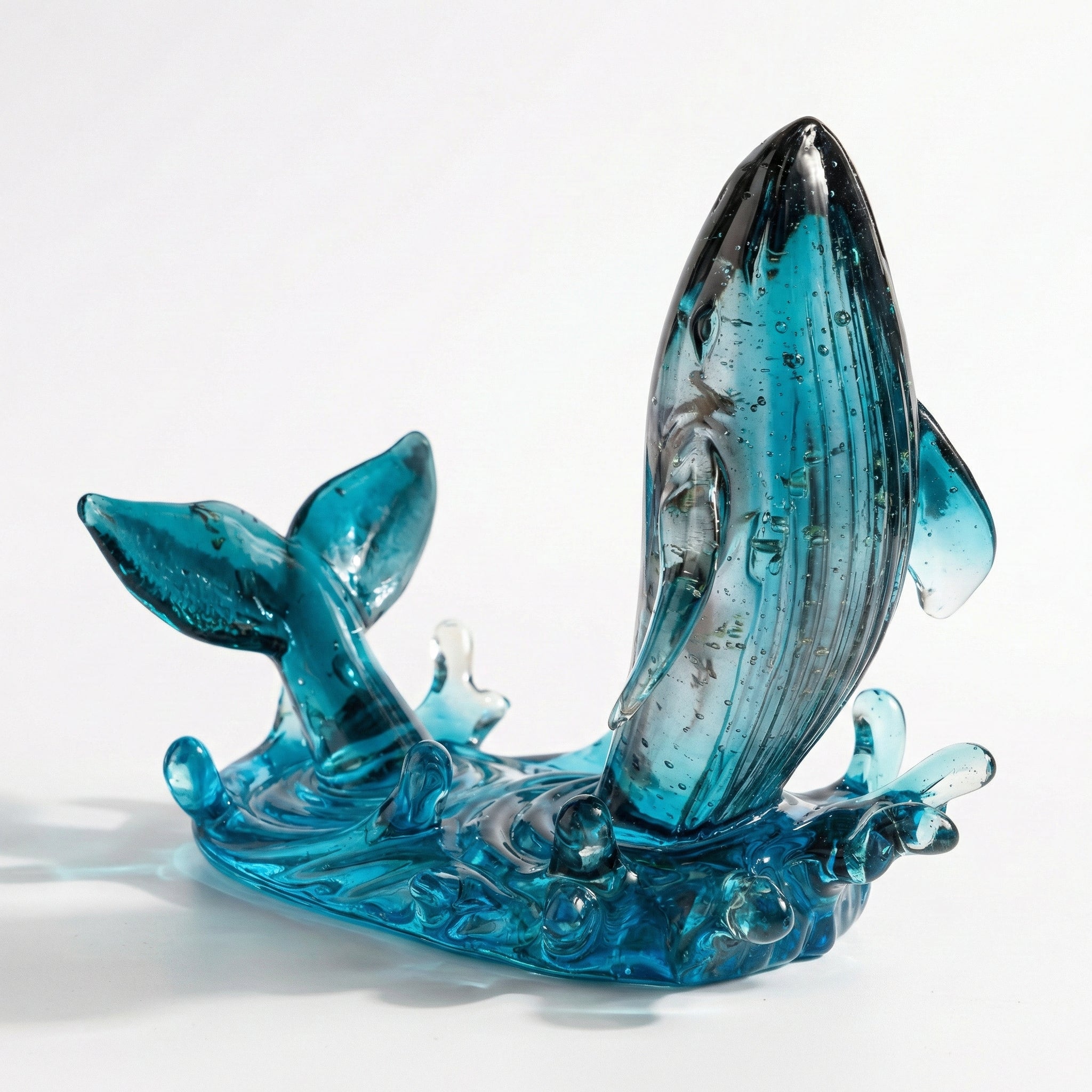 Blue art glass whale sculpture side view