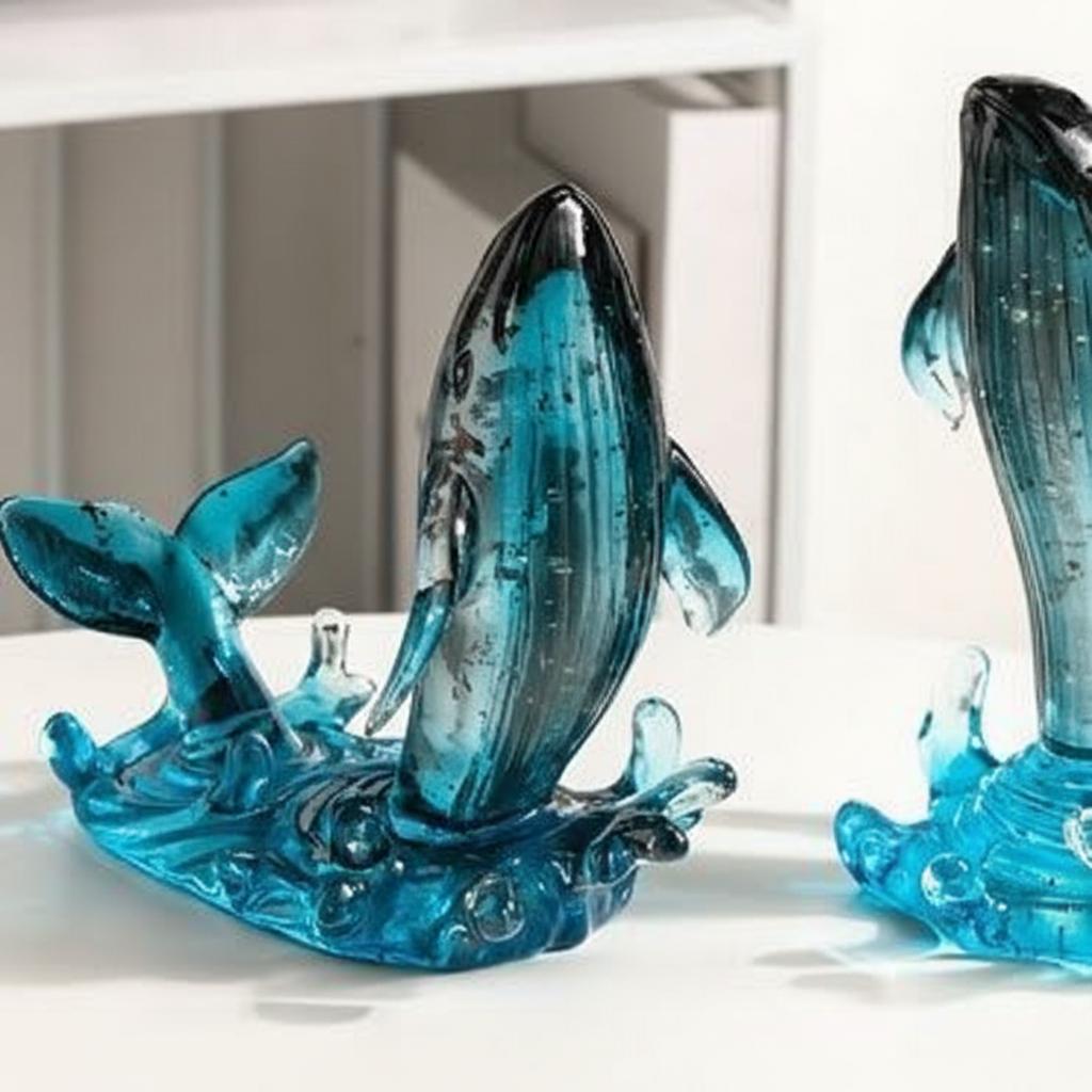 Blue art glass whale sculpture in lifestyle setting