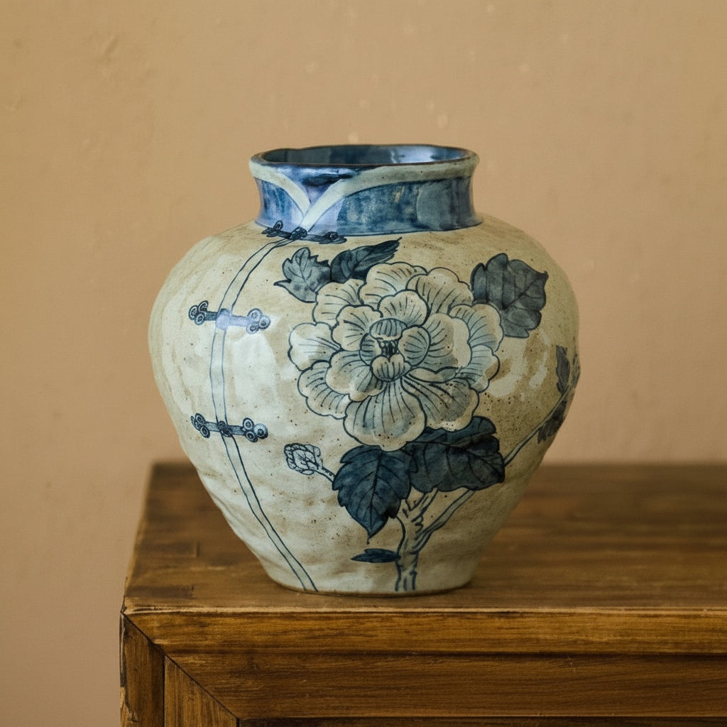 Front view of blue and beige floral ceramic vase with qipao collar detail