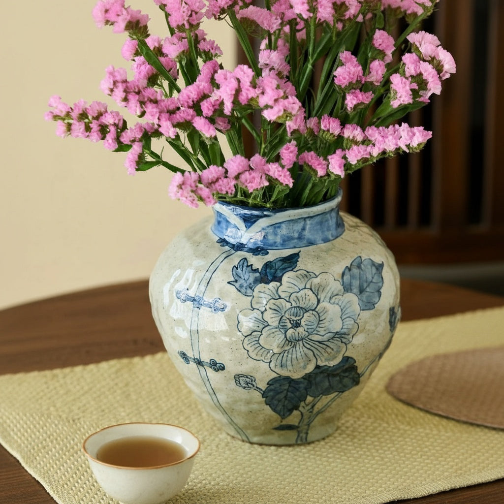 Angled view of floral ceramic vase holding pink flowers on table