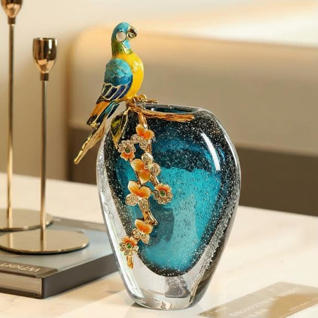 Side angle of glass vase showing parrot detail and bubble texture
