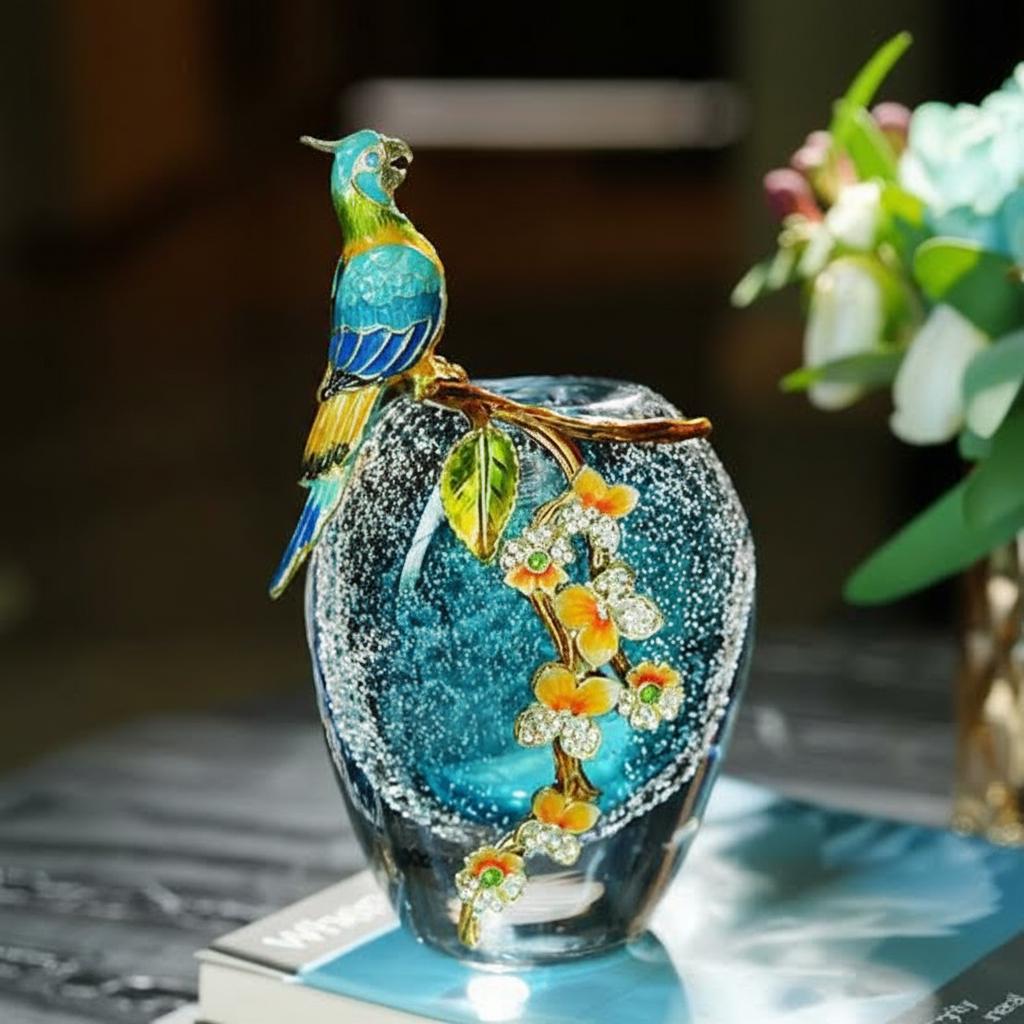 Close up of enamelled parrot and crystal flower details