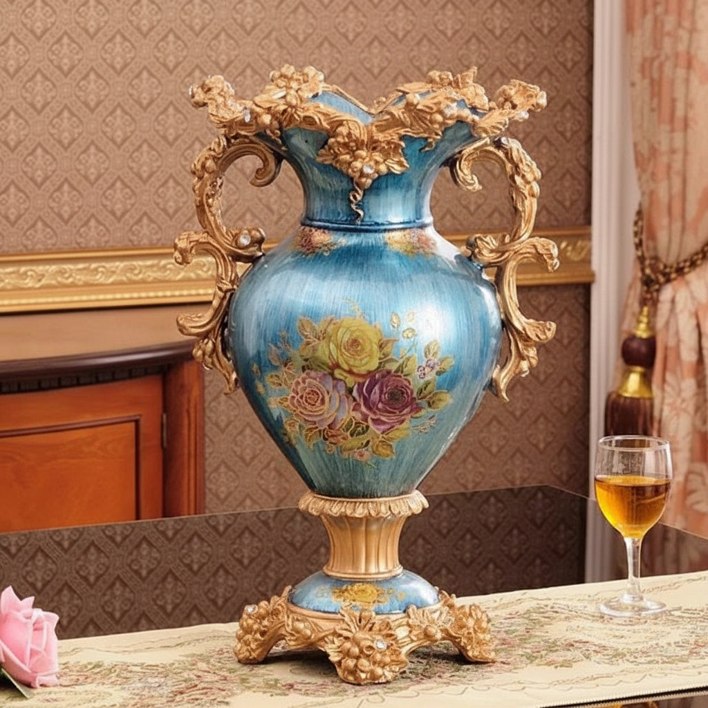 Blue Ceramic And Gold Finish Floral Vase