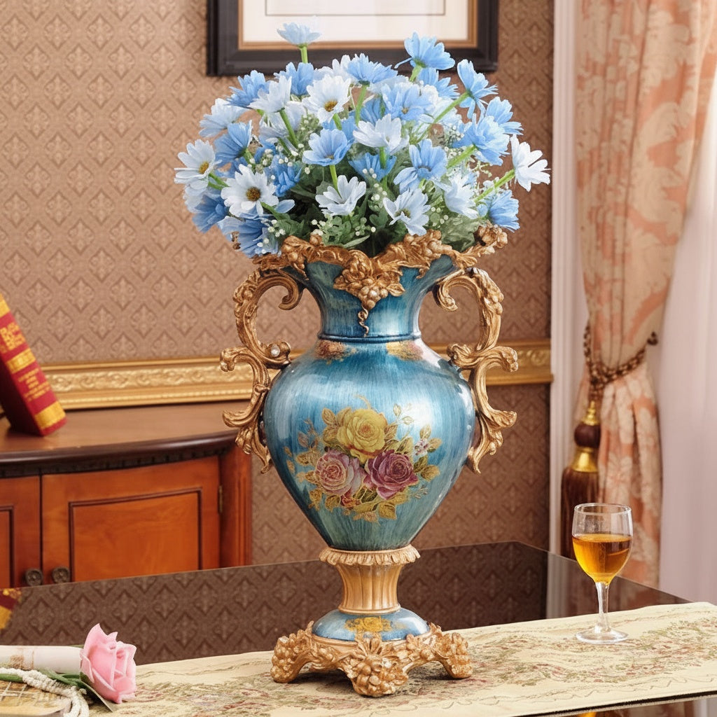 Blue Ceramic And Gold Finish Floral Vase With Blue Flowers