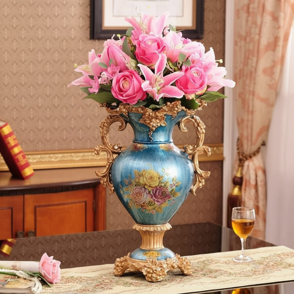 Blue Ceramic And Gold Finish Floral Vase With Pink Flowers