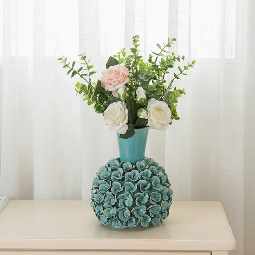 Blue Ceramic Petal Textured Vase Styled With Flowers