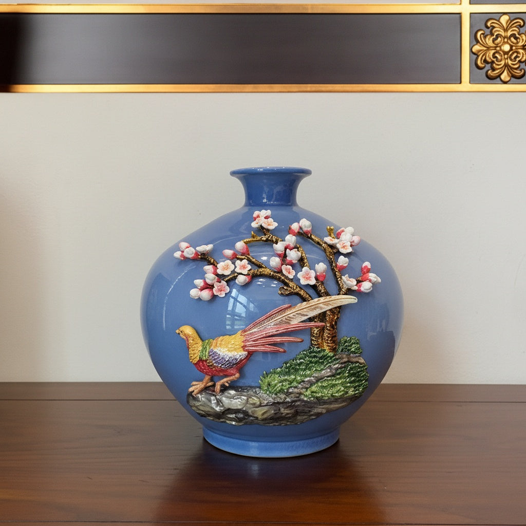 Full view of blue ceramic vase on wooden table