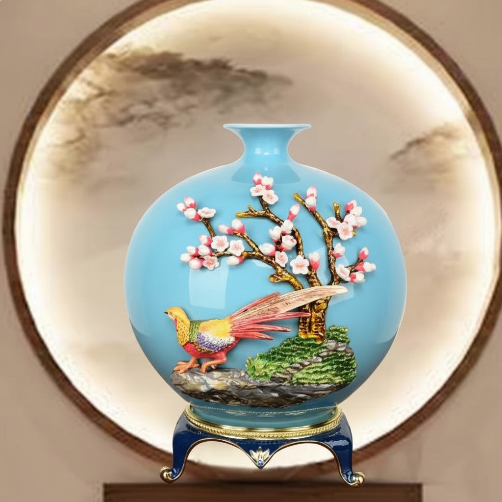 Blue ceramic vase displayed with lighting effects